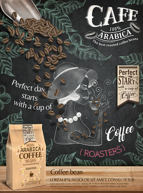 Coffee bean ads, paper bag package in 3d illustration on engraving style painted chalkboard