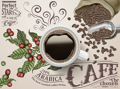 Black coffee ads, top view of 3d illustration black coffee on retro engraving coffee cherries and beans background