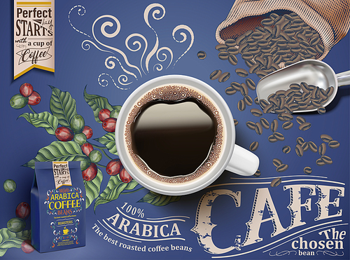 Black coffee ads, top view of 3d illustration black coffee with retro engraving coffee cherries and beans elements, blue packaging and background
