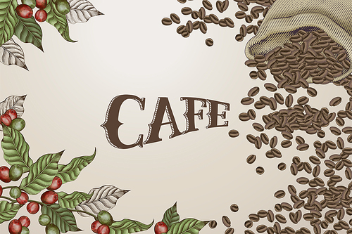 Coffee design elements, engraving coffee beans in jute bag and fresh coffee cherries and leaves