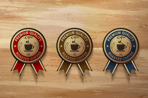 Coffee premium badge set, three different types label in 3d illustration on wooden table