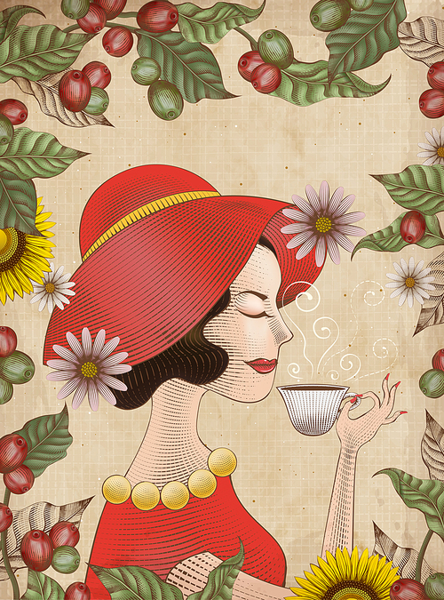 Elegant lady in red dress is drinking a cup of coffee, engraving style leaves and coffee cherries frame
