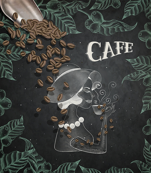 Elegant lady drinking coffee, engraving style leaves and coffee cherries frame on chalkboard background, coffee shovel in 3d illustration