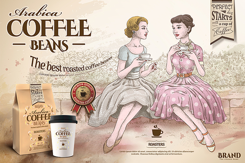 Coffee beans ads with retro women having afternoon tea together in hand drawn style, takeaway cup and paper bag in 3d illustration