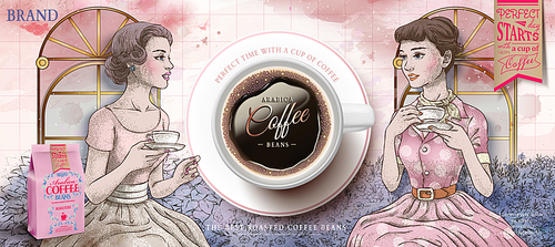 Coffee beans ads with retro women having afternoon tea together in hand drawn style, top view coffee cup in 3d illustration