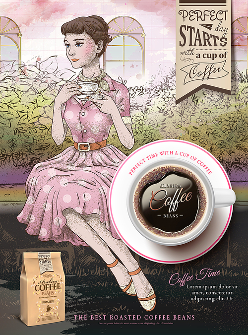 Coffee beans ads with elegant lady having afternoon tea in the garden with top view 3d illustration cup, hand drawn style background