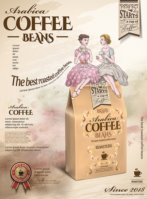 Coffee beans ads with retro women having afternoon tea together in hand drawn style, sitting on 3d illustration paper bag