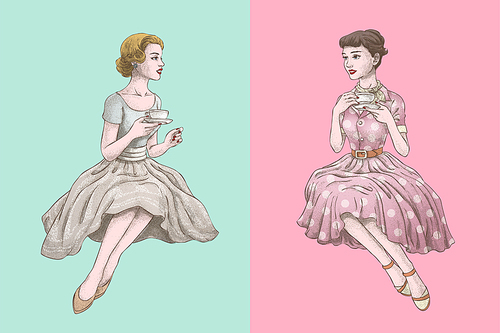 Retro women having afternoon tea together in hand drawn style on bright turquoise and pink background