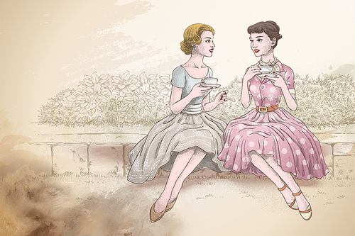 Retro women having afternoon tea together in the garden, hand drawn style beige background