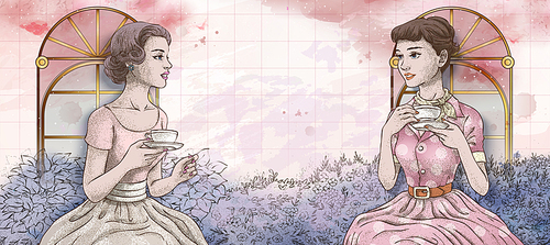 Retro women having afternoon tea together in the garden, hand drawn style watercolor background in pink and purple