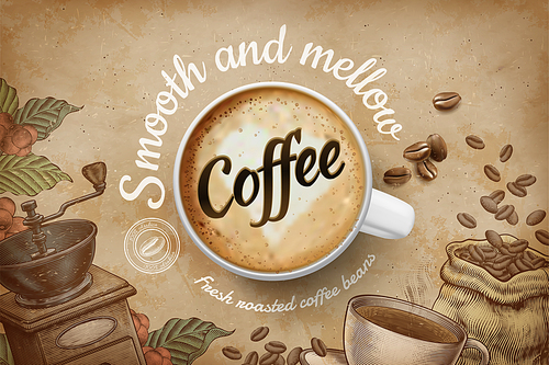 Coffee ads with top view 3d illustration cup and engraved retro background in brown tone