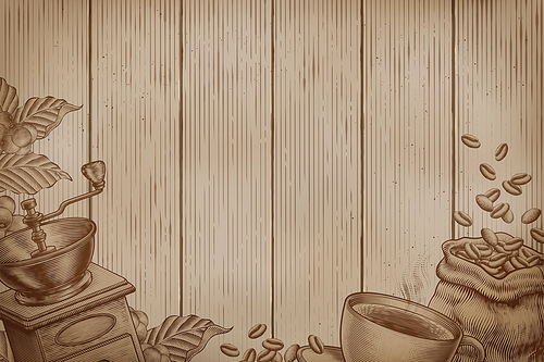 Coffee background on wood planks in engraving style