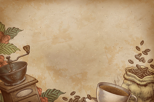Engraved coffee shop and related objects background on kraft paper texture