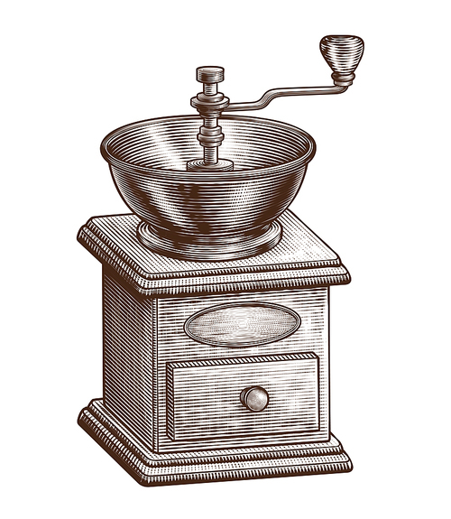 Engraved coffee grinder equipment on white background