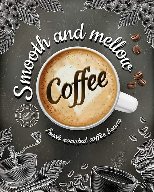 Coffee poster ads with 3d illustratin latte and woodcut style decorations on chalkboard background