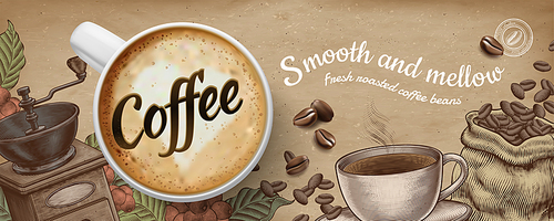 Coffee banner ads with 3d illustratin latte and woodcut style decorations on kraft paper background