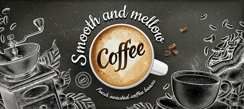 Coffee banner ads with 3d illustratin latte and woodcut style decorations on chalkboard background