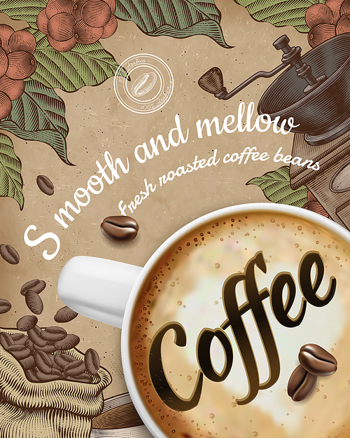 Coffee poster ads with 3d illustratin latte and woodcut style decorations on kraft paper background