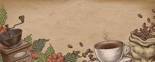 Coffee woodcut style illustration on kraft paper banner