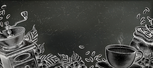 Coffee woodcut style illustration on chalkboard banner