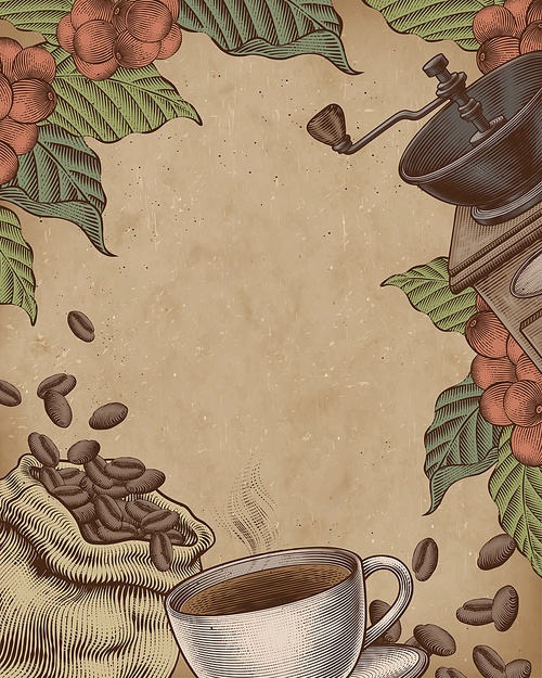 Coffee woodcut style illustration on kraft paper poster