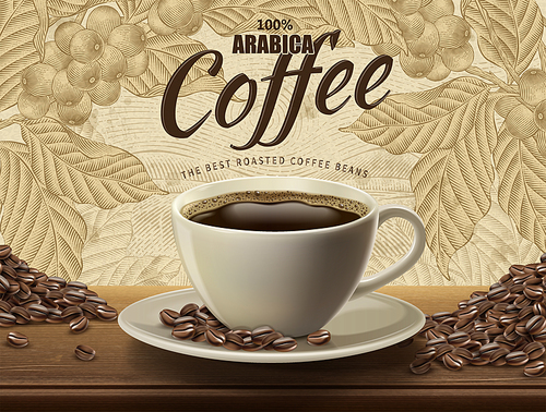 Arabica coffee ads, realistic black coffee and beans in 3d illustration with retro coffee plants and field scenery in etching shading style