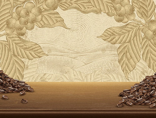 Retro coffee plants background, realistic wooden table and coffee beans in 3d illustration, field scenery in etching shading style
