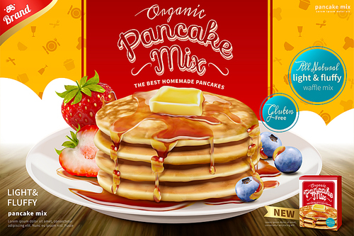 Delicious fluffy pancake with honey butter toppings and fresh fruit in 3d illustration, pancake mix product ad