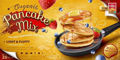 Delicious fluffy pancake in frying pan, fresh fruit and honey toppings in 3d illustration, food ad banner or poster