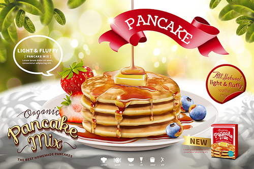 Delicious fluffy pancake ads on nature glitter bokeh background in 3d illustration, morning scene