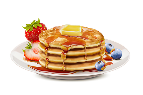Delicious fluffy pancake with honey butter toppings and fresh fruit in 3d illustration, white background
