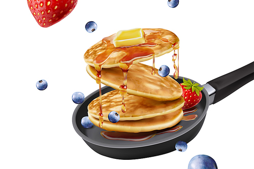 Delicious fluffy pancake in frying pan, fresh fruit and honey toppings in 3d illustration on white background