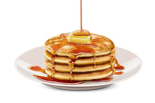 Delicious fluffy pancake with honey butter toppings in 3d illustration, white background