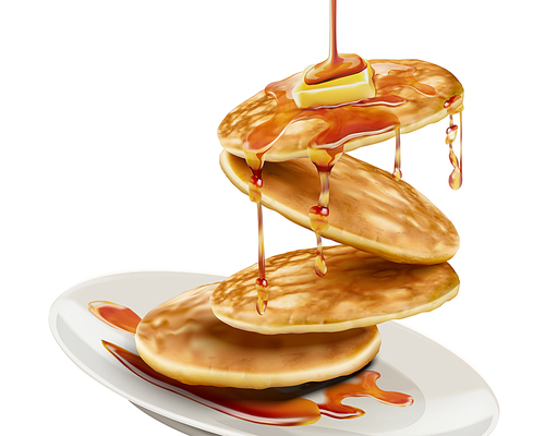 Delicious fluffy pancake with honey butter toppings in 3d illustration on white background, flying effect