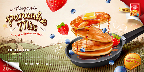 Pancake mix ads with delicious snacks in frying pan on woodcut style field background in 3d illustration