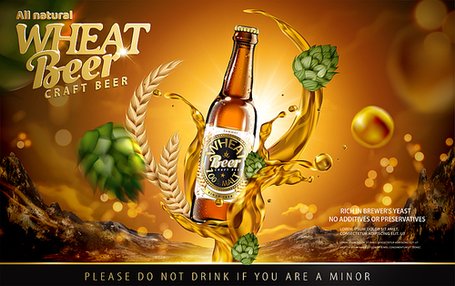 Craft wheat beer ads with splashing alcohol and hops on shiny brown background in 3d illustration