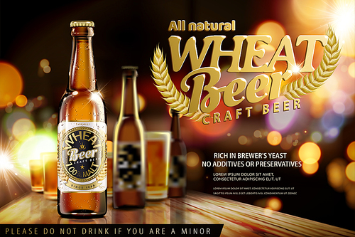 Craft wheat beer on bokeh night bar background in 3d illustration