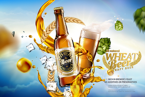 Craft wheat beer with splashing liquid and ingredients on bokeh blue sky in 3d illustration