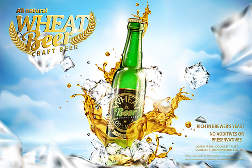 Craft wheat beer with splashing liquid and ice cubes on bokeh blue sky in 3d illustration