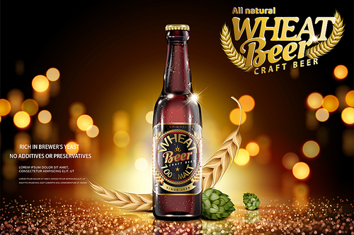 Craft wheat beer ads with ingredients on glitter bokeh brown background in 3d illustration