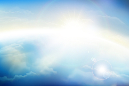 Blue sky with fluffy clouds and sunshine in 3d illustration