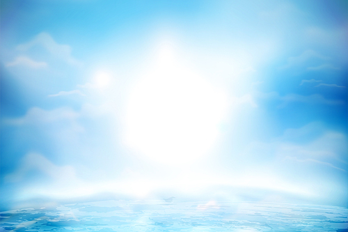 Blue sky with fluffy clouds and ocean surface in 3d illustration