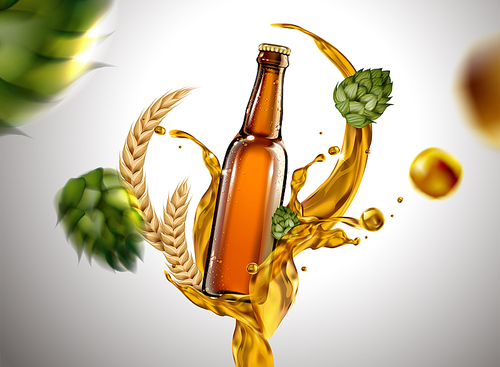 Beer glass with liquid and ingredients flying in the air in 3d illustration for design uses