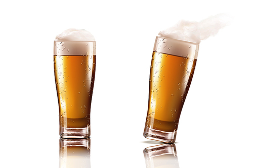 Beer glass with delicious beverage and foam in 3d illustration on white background for design uses