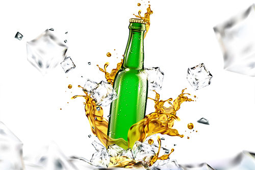 Beer glass bottle with liquid and ice cubes flying in the air in 3d illustration for design uses