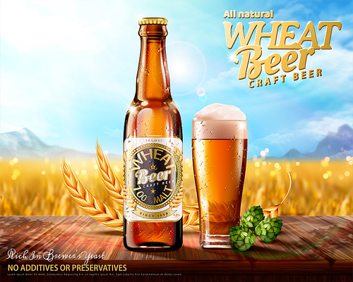 Craft beer ads with hops on wooden table, bokeh wheat land in 3d illustration