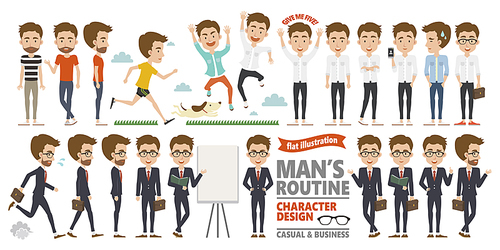 Man's routine character design in casual and business apparel style