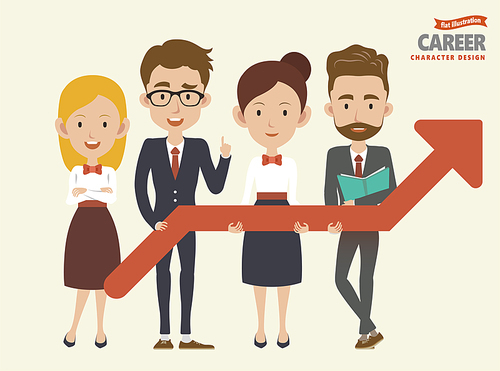 Career characters set with colleagues holding upgrowing arrow