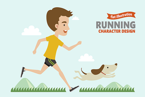 Running young man with his dog in flat design