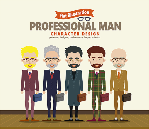 Professional man character in flat design, five different occupations in formal suit